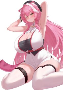 1girl animal_ears armpits arms_behind_head arms_up ascot beret black_gloves black_hat black_tube_top blue_gemstone blush breasts breath closed_mouth cream_cod gem gloves hat highres hololive hololive_english huge_breasts light_smile long_hair looking_at_viewer multicolored_hair panther_ears panther_girl panther_tail pink_hair raora_panthera raora_panthera_(1st_costume) shirt simple_background sitting skirt solo strapless sweat tail thick_thighs thighhighs thighs tube_top two-tone_hair virtual_youtuber wariza white_ascot white_background white_shirt white_skirt white_thighhighs yellow_eyes