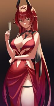 1girl absurdres alcohol between_breasts black_jacket black_necktie breasts champagne champagne_flute choyeon cleavage clothes_between_breasts commentary_request cup dress drinking_glass evening_gown goddess_of_victory:_nikke gradient_background highres holding holding_cup horns jacket jacket_on_shoulders korean_commentary large_breasts long_hair looking_at_viewer mechanical_horns necktie necktie_between_breasts official_alternate_costume orange_eyes red_dress red_hair red_hood_(nikke) red_hood_(nonsense_red)_(nikke) smile solo thigh_strap thighs very_long_hair