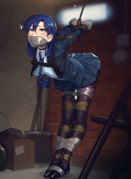 1girl absurdres arms_behind_back arms_up basement bdsm blue_hair blush bondage bound bound_ankles bound_arms bound_legs bound_wrists breasts cad_(caddo) choker crotch_rope egg_vibrator female_focus female_orgasm forced_orgasm full_body gag gagged highres hitachi_magic_wand idolmaster improvised_gag indoors jacket kisaragi_chihaya leaning_forward legs_tied_together long_hair long_sleeves necktie open_clothes open_jacket orgasm pleated_skirt pussy_juice remote_control_vibrator rolling_eyes second-party_source sex_toy shibari shibari_over_clothes skirt small_breasts solo tape tape_gag taped_hands tearing_up torogao vibrator yellow_eyes