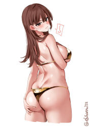 Rule 34 | 1girl, artist name, ass, bikini, biting own lip, blush, breasts, brown eyes, brown hair, butt crack, cropped legs, ebifurya, from behind, furrowed brow, gold bikini, hair between eyes, hand on own ass, highres, kantai collection, large breasts, long hair, looking at viewer, looking back, one-hour drawing challenge, ooi (kancolle), shoulder blades, sidelocks, simple background, solo, spoken blush, strap gap, sweat, swimsuit, thighs, twitter username, underboob, v-shaped eyebrows, white background