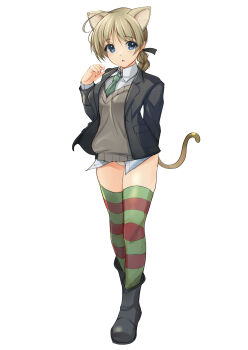 1girl absurdres ahoge bad_source black_jacket blazer blue_eyes braid brown_hair collared_shirt commentary_request crotch_seam dress_shirt full_body green_neckerchief green_thighhighs grey_sweater highres jacket lynette_bishop multicolored_thighhighs neckerchief no_pants panties shirt shirt_under_sweater simple_background single_braid solo strike_witches sweater thighhighs underwear white_background white_panties white_shirt world_witches_series yashin_(yasinz)