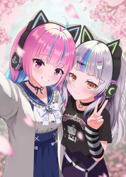 Rule 34 | 2girls, absurdres, ahoge, anchor hair ornament, anchor symbol, animal ear headphones, animal ears, black shirt, blue choker, blue hair, blue sailor collar, blush, bow, braid, cat ear headphones, cat ears, cherry blossoms, choker, colored inner hair, fake animal ears, frilled sailor collar, frills, hair ornament, headphones, high-waist skirt, highres, hololive, jacket, long hair, long sleeves, looking at viewer, minato aqua, minato aqua (sailor), multicolored hair, multiple girls, murasaki shion, official alternate costume, papasillust, pink hair, purple eyes, ribbon choker, sailor collar, selfie, shirt, simple background, skirt, smile, solo, twin braids, two-tone hair, v, virtual youtuber, yellow eyes