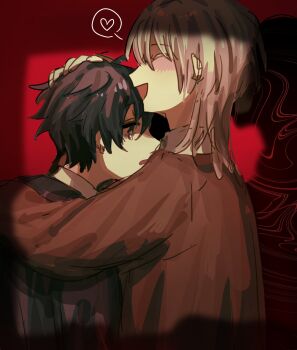 2boys akinashi_haru black_hair blush brown_cardigan cardigan chifurin crying from_side happy heart highres hug male_focus multiple_boys profile saihate_eki short_hair tatsunami_shion upper_body yaoi