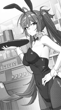 1girl absurdres ahoge alternate_costume animal_ear_hairband animal_ears bar_(place) bare_shoulders black_leotard breasts closed_mouth commentary_request covered_navel cup dutch_angle fake_animal_ears greyscale hairband highres holding holding_tray indoors iuno_(wuthering_waves) jimizuai- leotard long_hair looking_at_viewer medium_breasts monochrome pantyhose partial_commentary playboy_bunny rabbit_ear_hairband rabbit_ears solo standing strapless strapless_leotard tray twintails wrist_cuffs wuthering_waves
