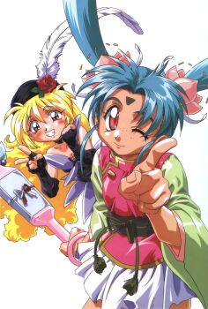 1990s_(style) 2girls aqua_hair black_gloves blonde_hair blush choker elbow_gloves facial_mark fingerless_gloves floating_hair flower forehead_mark freckles gloves grin hair_flower hair_ornament hat hat_feather hat_flower highres holding holding_wand index_finger_raised kawai_sasami long_hair long_sleeves looking_at_viewer magical_girl mahou_shoujo_pretty_sammy masaki_sasami_jurai miniskirt multiple_girls non-web_source official_art one_eye_closed pink_eyes pixy_misa pretty_sammy_(character) red_eyes retro_artstyle simple_background skirt smile twintails v wand white_background white_skirt wide_sleeves
