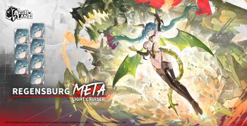 Rule 34 | arm up, azur lane, blue hair, blush, boots, breasts, character name, closed eyes, commentary, copyright name, covered navel, dragon girl, dragon horns, dragon tail, dragon wings, elbow gloves, english commentary, expression chart, expressionless, from below, frown, full body, gloves, grin, groin, hair between eyes, hand up, highres, horns, large breasts, legs, leotard, long hair, looking at viewer, looking down, medium breasts, multicolored gloves, navel, official art, open mouth, pout, promotional art, regensburg (azur lane), regensburg (meta) (azur lane), rigging, sideboob, sideless leotard, skin tight, slit pupils, smile, tail, thigh boots, thighs, twintails, two-tone gloves, very long hair, wings, yellow eyes