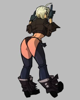 1girl angel_(kof) ass bentaecool blue_eyes boots breasts from_behind gloves heel_up huge_ass huge_breasts jacket large_breasts leather looking_at_viewer looking_back open_mouth pale_skin panties short_hair smile standing taedaartist the_king_of_fighters thick_thighs thighs underwear white_hair