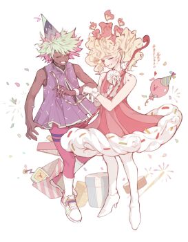 &gt;_&lt; 2girls :d ^_^ balloon bare_arms bare_shoulders bebseo birthday_cake_cookie blonde_hair boots breasts candle closed_eyes colored_inner_hair commentary confetti cookie_run cookie_run:_ovenbreak curly_hair dark-skinned_female dark_skin dress english_commentary facing_another firecracker_cookie food-themed_clothes frilled_gloves frilled_shirt frills full_body gift gloves green_hair green_shoes grin hair_between_eyes hat heart high_heel_boots high_heels highres holding holding_ribbon humanization kneehighs medium_dress medium_hair multicolored_hair multiple_girls open_mouth pale_skin pantyhose party_balloon party_hat pink_dress pink_hair pink_pantyhose pom_pom_(clothes) purple_shirt raised_inner_eyebrows ribbon shirt shoes short_hair sleeveless sleeveless_dress sleeveless_shirt small_breasts smile socks spiked_hair sprinkles standing star_(symbol) striped_clothes striped_dress super_pewpew! thigh_boots twintails twitter_username two-tone_hair v-shaped_eyebrows vertical-striped_clothes vertical-striped_dress white_background white_boots white_gloves white_socks