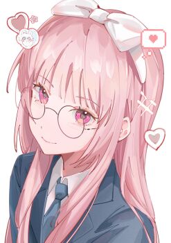 1girl blue_jacket blue_necktie bow closed_mouth glasses hair_bow hashtag-only_commentary heart highres jacket long_hair looking_at_viewer necktie original pink_eyes pink_hair pyyuu simple_background smile solo upper_body white_background white_bow