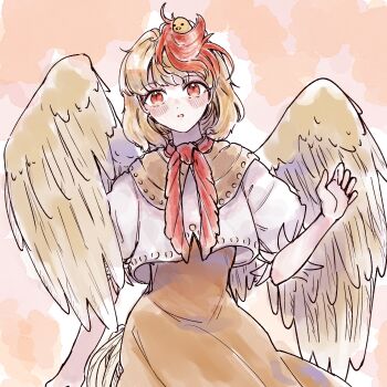 1girl :o animal animal_on_head baby_animal bird bird_on_head bird_wings blonde_hair blush chick commentary_request cowboy_shot dress highres looking_at_viewer multicolored_hair nanaironokabi neckerchief niwatari_kutaka on_head open_mouth orange_background orange_dress orange_eyes red_hair red_neckerchief shirt short_hair short_sleeves solo touhou two-tone_hair white_shirt wings yellow_wings