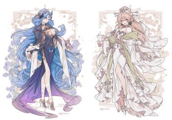 2girls black_dress black_footwear black_jacket blue_flower blue_hair blue_rose breasts brown_hair chain cleavage cleavage_cutout clothing_cutout collage detached_sleeves dress earrings embroidery eyeliner fashion floral_background flower full_body gem_on_head gold_choker green_footwear green_shawl hair_ornament hairpin heterochromia high_heels jacket jacket_on_shoulders jewelry large_breasts lemon89h long_dress long_hair looking_at_viewer makeup multiple_girls open_mouth original parted_bangs pink_eyeliner pink_lips pink_nails rose shawl sidelocks single_earring small_breasts standing very_long_hair wavy_hair white_dress white_flower white_rose white_shawl wide_sleeves yellow_eyes