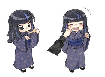 Rule 34 | 1girl, :d, araya (project moon), black hair, black sandals, blue kimono, blue sash, blue streaks, blush, butterfly print kimono, closed eyes, commentary request, eating, food, food on face, full body, grey eyes, hand on another's cheek, hand on another's face, highres, holding, holding food, japanese clothes, kimono, lana de kafei bei, limbus company, long hair, looking at food, obi, open mouth, project moon, ryoshu (project moon), sandals, sash, sidelocks, simple background, smile, standing, teeth, upper teeth only, white background, wide sleeves