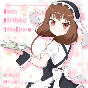 Rule 34 | 1girl, animal ears, apron, black hairband, black skirt, brown eyes, brown hair, commentary, cup, dated, english commentary, fake animal ears, fleur de lapin uniform, frilled apron, frilled hairband, frilled shirt, frills, hairband, happy birthday, highres, iino miko, kaguya-sama wa kokurasetai ~tensai-tachi no renai zunousen~, lolita hairband, looking at viewer, mitya, puffy short sleeves, puffy sleeves, rabbit ears, shirt, short sleeves, skirt, solo, tray, twintails, waist apron, waitress, white apron, white shirt, wrist cuffs