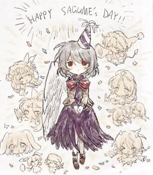 Rule 34 | 6+girls, animal ears, bird wings, blowing horn, bow, bowtie, braid, brown coat, character name, chibi, chinese commentary, closed mouth, coat, commentary request, cropped head, dango, doremy sweet, dress, english text, filia (sonzione807560), food, full body, grey hair, hair bow, hat, horns, houraisan kaguya, inaba tewi, kijin seija, kishin sagume, long hair, long sleeves, looking at viewer, medium hair, multiple girls, no pupils, no sclera, own hands clasped, own hands together, party hat, purple dress, rabbit ears, rabbit girl, rabbit youkai group (touhou), red bow, red bowtie, red eyes, reisen udongein inaba, ringo (touhou), sagume day, seiran (touhou), short hair, single wing, smile, straight-on, sweatdrop, tail, v arms, wagashi, watatsuki no toyohime, watatsuki no yorihime, wings, yagokoro eirin