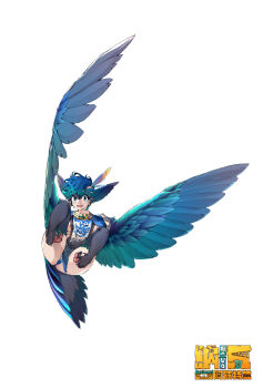 1girl amile animal_ears aztec bird_girl blue_eyes cameltoe cape coatlicue copyright_name earrings facial_mark fantasy feathers feet freckles full_body furry gold gradient_hair grey_feathers harpy jewelry monster_girl multicolored_hair open_mouth panties sharp_toenails smile soles toenails underwear white_background wings