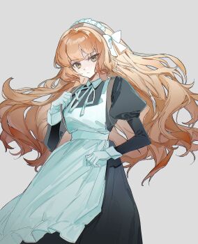 Rule 34 | 1girl, absurdres, apron, black dress, bochishiraita, bow, dress, freckles, gloves, grey background, hair bow, highres, ishmael (project moon), juliet sleeves, limbus company, long hair, long sleeves, looking at viewer, maid apron, maid headdress, orange hair, project moon, puffy sleeves, ribbon, simple background, solo, standing, upper body, very long hair, white apron, white bow, white gloves, white ribbon, wuthering heights (identity) (project moon), yellow eyes
