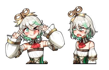 &gt;_o 1girl ;q ascot bare_shoulders blush cecilia_immergreen cecilia_immergreen_(1st_costume) cropped_torso ddolbang detached_sleeves disgust doll_joints double_v frown green_eyes green_hair grey_hair highres hololive hololive_english joints multicolored_hair multiple_views one_eye_closed red_ascot short_hair smile tongue tongue_out transparent_background two-tone_hair v v-shaped_eyebrows virtual_youtuber winding_key
