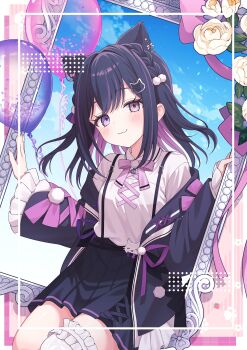 Rule 34 | 1girl, absurdres, balloon, bow, bowtie, cat hair ornament, collared shirt, commentary request, cowboy shot, cross-laced clothes, cross-laced top, flower, hair ornament, hands up, heterochromia, highres, jacket, looking at viewer, off-shoulder jacket, off shoulder, original, picture frame, pink bow, pink bowtie, purple eyes, purple hair, purple jacket, purple skirt, shirokinakochan, shirt, sitting, skirt, sky, solo, suspender skirt, suspenders, white flower, white shirt