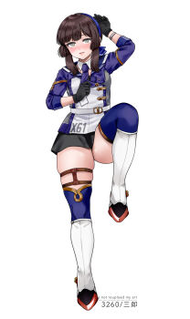 1girl arm_behind_head belt black_gloves black_skirt blue_jacket blue_sailor_collar boots breasts brown_hair commentary_request full_body gloves green_eyes hairband highres jacket kantai_collection looking_at_viewer medium_hair miniskirt mogador_(kancolle) open_mouth saburou_03 sailor_collar simple_background skirt small_breasts smile solo standing standing_on_one_leg teeth thick_thighs thigh_belt thigh_strap thighs white_background