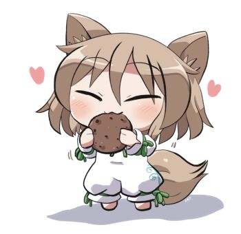 Rule 34 | 1girl, animal ears, blush, brown hair, chibi, closed eyes, commentary request, cookie, eating, food, fox ears, fox girl, fox tail, full body, green ribbon, heart, holding, holding cookie, holding food, kudamaki tsukasa, neck ribbon, ribbon, rokugou daisuke, romper, short hair, simple background, sleeve ribbon, solo, standing, tail, touhou, white background, white romper