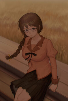 Rule 34 | 1girl, absurdres, black skirt, breasts, brown eyes, brown hair, chinese commentary, closed mouth, collared shirt, commentary request, grass, hanekawa tsubasa, highres, juliet sleeves, kizumonogatari, large breasts, long hair, long sleeves, monogatari (series), muted color, naoetsu high school uniform, pink shirt, pleated skirt, puffy sleeves, school uniform, semi-rimless eyewear, shirt, shupianmao, sideways glance, sitting, skirt, solo, under-rim eyewear