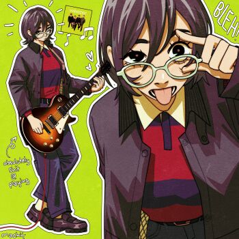 1girl absurdres album_cover arrow_(symbol) cover electric_guitar english_text full_body green_background guitar heart highres holding holding_guitar holding_instrument instrument jacket loafers looking_at_viewer machipachi1901 making_faces multiple_views musical_note open_clothes open_jacket open_mouth original outline pants purple_jacket purple_pants shirt shoes standing striped_clothes striped_shirt tongue tongue_out weezer_(band) weezer_(green_album) white_outline