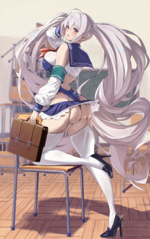 1girl ahoge bag blue_leotard blue_skirt blush breasts chair classroom cropped_shirt detached_sleeves full_body garter_straps grey_hair high_heels highleg highleg_leotard highres large_breasts leotard long_hair looking_at_viewer microskirt open_mouth original purple_eyes sailor_collar school_bag shirt skirt sleeveless sleeveless_shirt smile solo thighhighs twintails untue very_long_hair white_shirt white_thighhighs