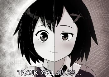 1girl black_hair blush collared_shirt english_text hair_ornament highres marvel mikoscrub monochrome necktie peni_parker school_uniform shirt short_hair spider-man:_across_the_spider-verse spider-man_(series) spider-verse split_screen white_shirt