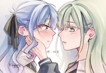 Rule 34 | 2girls, bang dream!, bang dream! it's mygo!!!!!, black ribbon, blue hair, blue shirt, chinese commentary, chinese text, closed mouth, commentary request, dated, eye contact, green hair, green necktie, hair ornament, hair ribbon, hairclip, hand on another's cheek, hand on another's face, haneoka school uniform, highres, long hair, long sleeves, looking at another, multiple girls, necktie, portrait, ribbon, school uniform, shirt, sidelocks, signature, tearing up, togawa sakiko, translation request, tsukinomori school uniform, wakaba mutsumi, white shirt, yellow eyes, yoyoray20001996, yuri