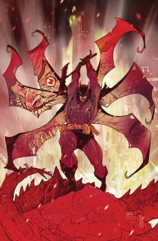 2boys absolute_batman absolute_dc axe bat_mask batman battle_axe bodysuit c.digiandomenico cape comic_cover cowl crooked_teeth dc_comics extra_teeth fighting_stance grey_bodysuit highres holding holding_axe jaw male_focus monster multiple_boys reflection superhero_costume the_joker weapon