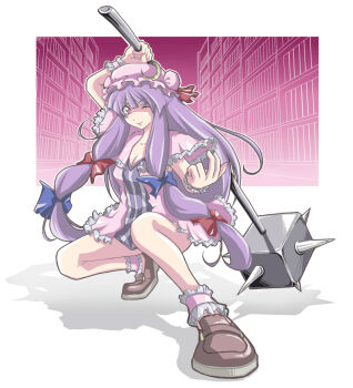 1girl ankle_cuffs ankle_garter ao_usagi bookshelf bow breasts cleavage crescent crescent_moon female_focus hair_bow hat large_breasts library long_hair mace moon multiple_hair_bows one_eye_closed patchouli_knowledge purple_eyes purple_hair shoes solo touhou voile weapon wink wrist_cuffs