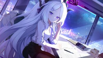1girl ahoge alternate_costume binder black_pantyhose black_skirt blue_archive blurry building chair coat collared_shirt commentary_request demon_girl demon_horns depth_of_field desk forehead hair_ornament hairclip half_updo halo highres hina_(blue_archive) horns indoors long_hair long_sleeves looking_at_viewer moonlight night office office_chair office_lady pantyhose paper paper_stack parted_bangs pen pencil_skirt purple_eyes shirt side_slit sidelocks sitting skirt sky skyscraper solo star_(sky) starry_sky swivel_chair treeplanting unworn_coat useless_machine wavy_hair white_coat white_hair white_shirt window