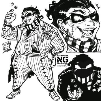 1boy bat_bowtie black_hair bug cloak formal_clothes highres hood hooded_cloak humanization kabochashige long_sleeves male_focus oogie_boogie open_mouth patchwork_clothes personification short_hair simple_background smile smirk solo spider spider_thread suit the_nightmare_before_christmas