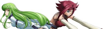 2girls artist_request bare_shoulders blue_eyes breast_cutout breasts brown_vest c.c. clenched_teeth code_geass code_geass:_lost_stories detached_sleeves female_focus from_behind game_cg green_hair hair_intakes half-closed_eyes headband highres kouzuki_kallen leaning_forward long_hair long_sleeves looking_afar looking_at_viewer looking_back medium_breasts multiple_girls non-web_source official_art parted_lips red_hair red_headband red_sweater ribbed_sweater short_hair sidelocks simple_background sleeveless sleeveless_sweater straitjacket sweater teeth transparent_background v-shaped_eyebrows vest white_sleeves yellow_eyes
