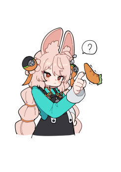 1girl :< ? absurdres animal_ear_fluff animal_ear_piercing animal_ears blush braid braided_twintails bright_pupils carrot cropped_torso furry furry_female green_shirt hand_on_own_hip highres ix long_hair pink_fur pink_hair rabbit_ears rabbit_girl red_eyes screw shirt short_eyebrows simple_background solo spoken_question_mark thick_eyebrows upper_body white_background white_pupils zenless_zone_zero zhao_(zenless_zone_zero)