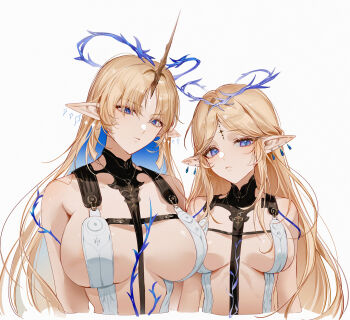 2girls absurdres blonde_hair blue_eyes breast_curtains breasts cartethyia_(wuthering_waves) commentary crown_of_thorns dual_persona facial_mark fleurdelys_(wuthering_waves) forehead_mark highres horns large_breasts long_hair looking_at_viewer multiple_girls parted_bangs pointy_ears shibuya_(kurokamishain) simple_background single_horn tacet_mark_(wuthering_waves) upper_body white_background wuthering_waves yellow_horns
