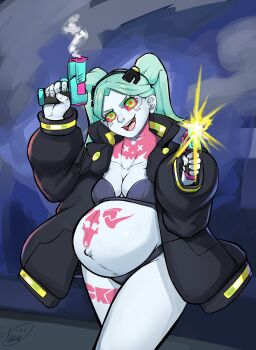 1girl aqua_hair breasts claras_pregs cleavage colored_sclera cyberpunk:_edgerunners cyberpunk_(series) female_focus green_eyes gun highres long_hair looking_at_viewer medium_breasts navel pale_skin pregnant rebecca_(cyberpunk) red_sclera solo tattoo twintails weapon