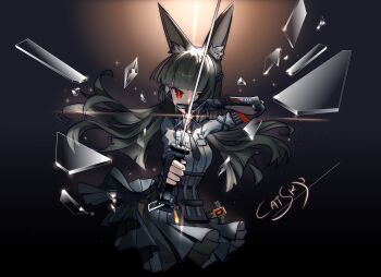 1girl 494117918 absurdres animal_ears aqua_jacket black_background black_gloves black_hair black_skirt blunt_bangs breasts closed_mouth fingerless_gloves fox_ears fox_girl gloves highres holding holding_sword holding_weapon hoshimi_miyabi jacket long_hair looking_at_viewer mechanical_arms mechanical_hands necktie red_eyes shirt single_fingerless_glove single_mechanical_arm single_mechanical_hand skirt solo sword weapon white_shirt zenless_zone_zero