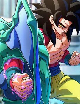black_hair blue_sash blue_skin body_fur colored_skin commentary dougi dragon dragon_ball dragon_ball_gt eis_shenron english_commentary highres long_hair monkey_boy multiple_boys muscular muscular_male pants pectorals punching red_fur saiyan sash son_goku spiked_hair srojam super_saiyan super_saiyan_4 yellow_pants