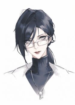 1girl aged_down black_hair black_sweater chinese_commentary commentary cropped_shoulders glasses grey_eyes hair_behind_ear iron_(path_to_nowhere) jacket jewelry looking_over_eyewear looking_to_the_side low_ponytail mingzi_cmmm necklace path_to_nowhere ponytail simple_background solo sweater swept_bangs turtleneck turtleneck_sweater white_background white_jacket