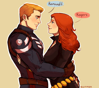 Rule 34 | 1boy, 1girl, artist name, avengers (series), black bodysuit, black widow, blonde hair, blue bodysuit, bodysuit, captain america, closed mouth, colored speech bubble, commentary, couple, english commentary, from side, hetero, hug, long hair, looking at another, marvel, natasha romanoff, red hair, short hair, smile, speech bubble, steve rogers, suitfer, superhero costume