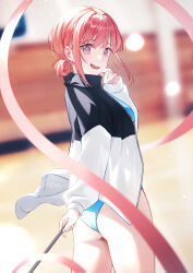 1girl ao_no_hako ass athletic_leotard black_jacket blue_leotard chouno_hina cowboy_shot finger_to_cheek from_side gradient_clothes gradient_leotard gym gymnastics hair_bun highres indoors jacket leotard light_particles lizer long_sleeves looking_at_viewer looking_back multicolored_jacket open_clothes open_jacket open_mouth pink_eyes pink_hair rhythmic_gymnastics ribbon ribbon_baton sidelocks smile solo two-tone_jacket very_low_bun white_jacket