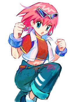 1girl :o beauty_(bobobo-bo_bo-bobo) blue_eyes blue_pants bobobo-bo_bo-bobo clenched_hands cropped_shirt earrings eyewear_on_head hair_between_eyes highres jewelry leg_up looking_at_viewer midriff nataro_1116 open_mouth pants pink_hair red_shirt shirt solo sunglasses v-shaped_eyebrows white_background