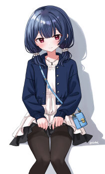 1girl black_pantyhose blush dress eluthel highres idolmaster idolmaster_shiny_colors looking_at_viewer morino_rinze pantyhose red_eyes sitting smile solo white_background white_dress