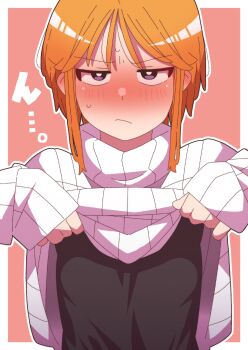 1girl absurdres alternate_costume black_shirt blush bright_pupils casual clothes_lift commentary_request flat_chest gundam gundam_zz half-closed_eyes hands_up highres lifting_own_clothes light_frown long_sidelocks long_sleeves looking_at_viewer onimaru_(onimal7802) orange_hair purple_eyes puru_two ribbed_sweater shirt short_hair sidelocks sleeves_past_wrists solo sweatdrop sweater sweater_lift turtleneck turtleneck_sweater undershirt upper_body v-shaped_eyebrows white_pupils white_sweater