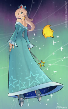 Rule 34 | 1girl, absurdres, artist name, bare shoulders, blonde hair, blue dress, blue eyes, closed mouth, commentary, crown, dated, dress, earrings, full body, hair over one eye, highres, holding, holding wand, jewelry, long hair, looking at viewer, luma (mario), mario (series), nintendo, rosalina, smile, star (symbol), star earrings, videajames, wand, watermark, web address