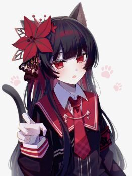 1girl animal_ear_fluff animal_ears armband black_hair black_jacket cat_ears cat_girl cat_tail collared_shirt commentary_request flower grey_background hair_flower hair_ornament hand_up highres jacket kemonomimi_mode long_hair long_sleeves looking_at_viewer mahou_shoujo_no_majo_saiban multicolored_hair necktie nikaido_hiro parted_lips puffy_long_sleeves puffy_sleeves red_eyes red_flower red_hair red_necktie satoimo_chika shirt simple_background solo tail two-tone_hair upper_body very_long_hair white_shirt