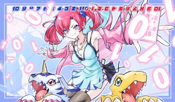 1girl agumon bare_shoulders black_bra black_panties black_thighhighs blue_background blue_border blue_camisole blue_eyes border bra breasts camisole cleavage commentary_request cowboy_shot digimon digimon_card_game digimon_story:_cyber_sleuth gabumon garter_straps green_eyes highres jacket lizard long_hair medium_breasts nagoshi omegamon open_clothes open_jacket panties pink_jacket red_eyes red_hair second-party_source shiramine_nokia side-tie_panties smile thighhighs twintails underwear