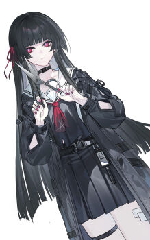 1girl arm_cutout black_choker black_hair black_jacket black_serafuku black_shirt black_skirt breasts chisa_(wuthering_waves) choker closed_mouth clothing_cutout commentary_request echj hair_ribbon highres holding holding_scissors id_card jacket long_hair looking_at_viewer medium_breasts nail_polish neckerchief red_eyes red_nails red_neckerchief red_ribbon revision ribbon sailor_collar school_uniform scissors serafuku shirt simple_background skirt solo thigh_strap thighs very_long_hair white_background white_sailor_collar wuthering_waves