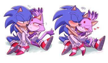 1boy 1girl animal_ears artist_name blaze_the_cat blue_fur cat_ears cat_girl cat_tail closed_eyes fur-trimmed_gloves fur-trimmed_shoes fur_trim furry furry_female furry_male gloves green_eyes heart kiss multiple_views pink_shoes purple_fur red_shoes shoes sonic_(series) sonic_the_hedgehog tail white_gloves yellow_eyes yeonwu08